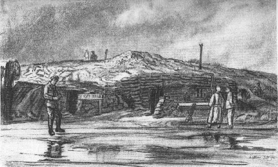 Lithograph bt Muirhead Bone 'The Dugout' 1916 - Note the name board 'Ye Rat Hole'