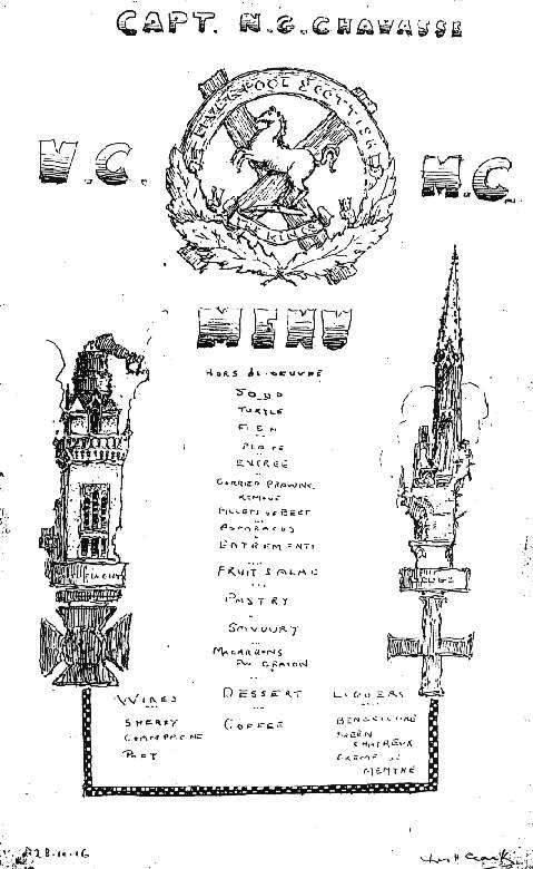 Menu of a Dinner Given to Captain N.G. Chavasse RAMC VC MC by the Officers of The Liverpool Scottish