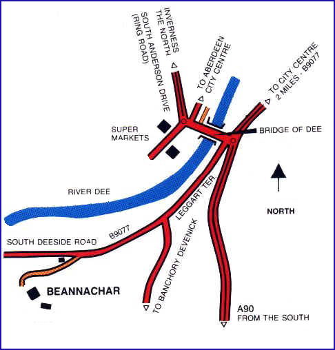 Map showing location of Beannachar in relation to Aberdeen